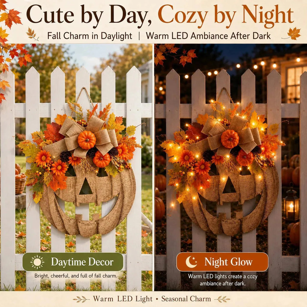 Lighted Burlap Pumpkin Wreath