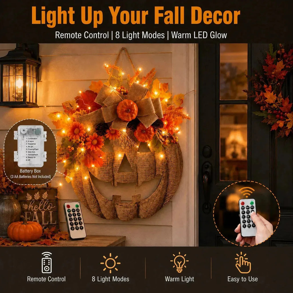 Lighted Burlap Pumpkin Wreath