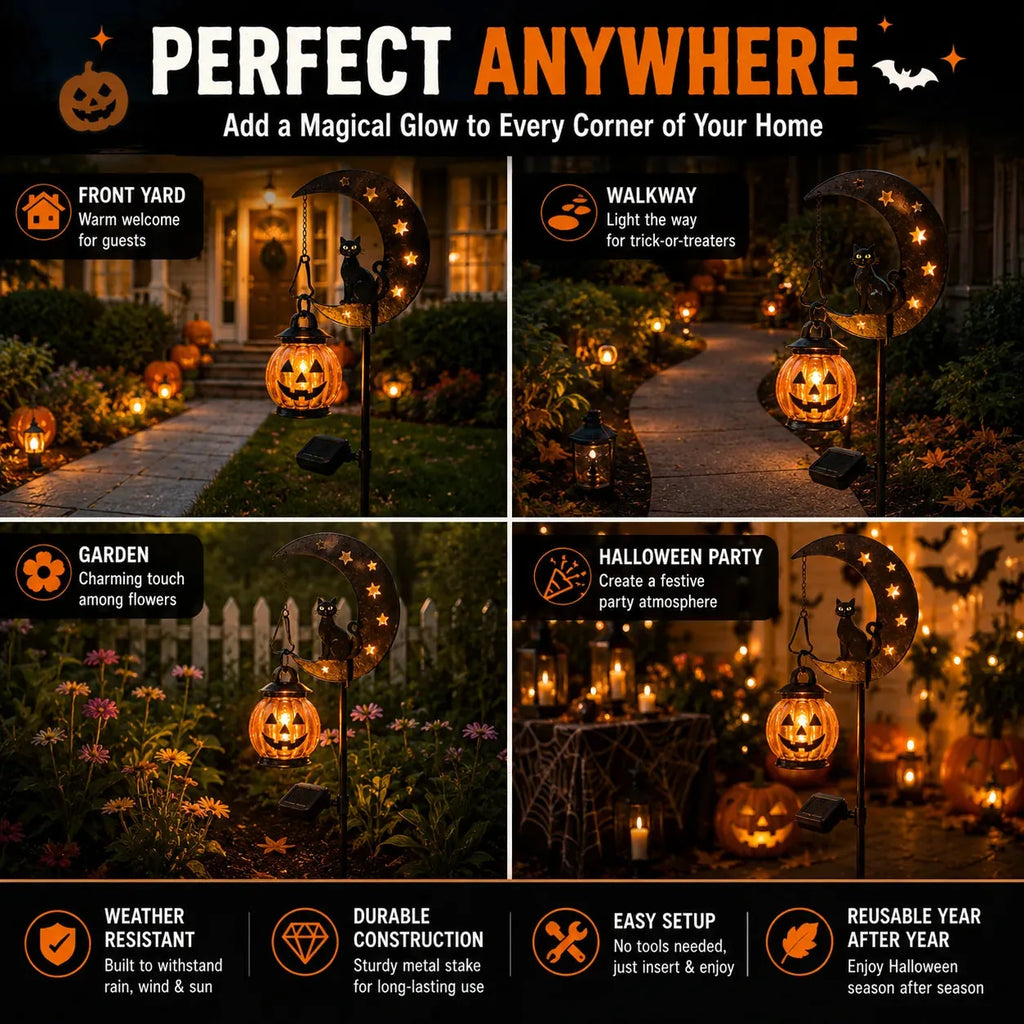 Solar Halloween Garden Stake Light with Black Cat & Pumpkin