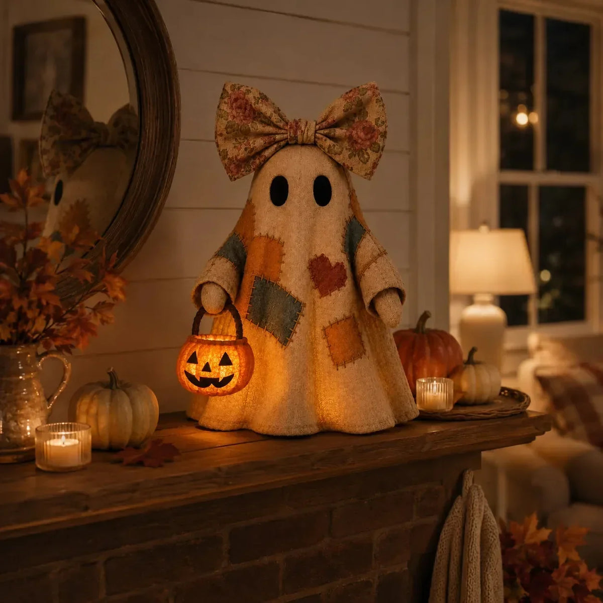 Vintage Patchwork Ghost Decor( LED Pumpkin Lantern）
