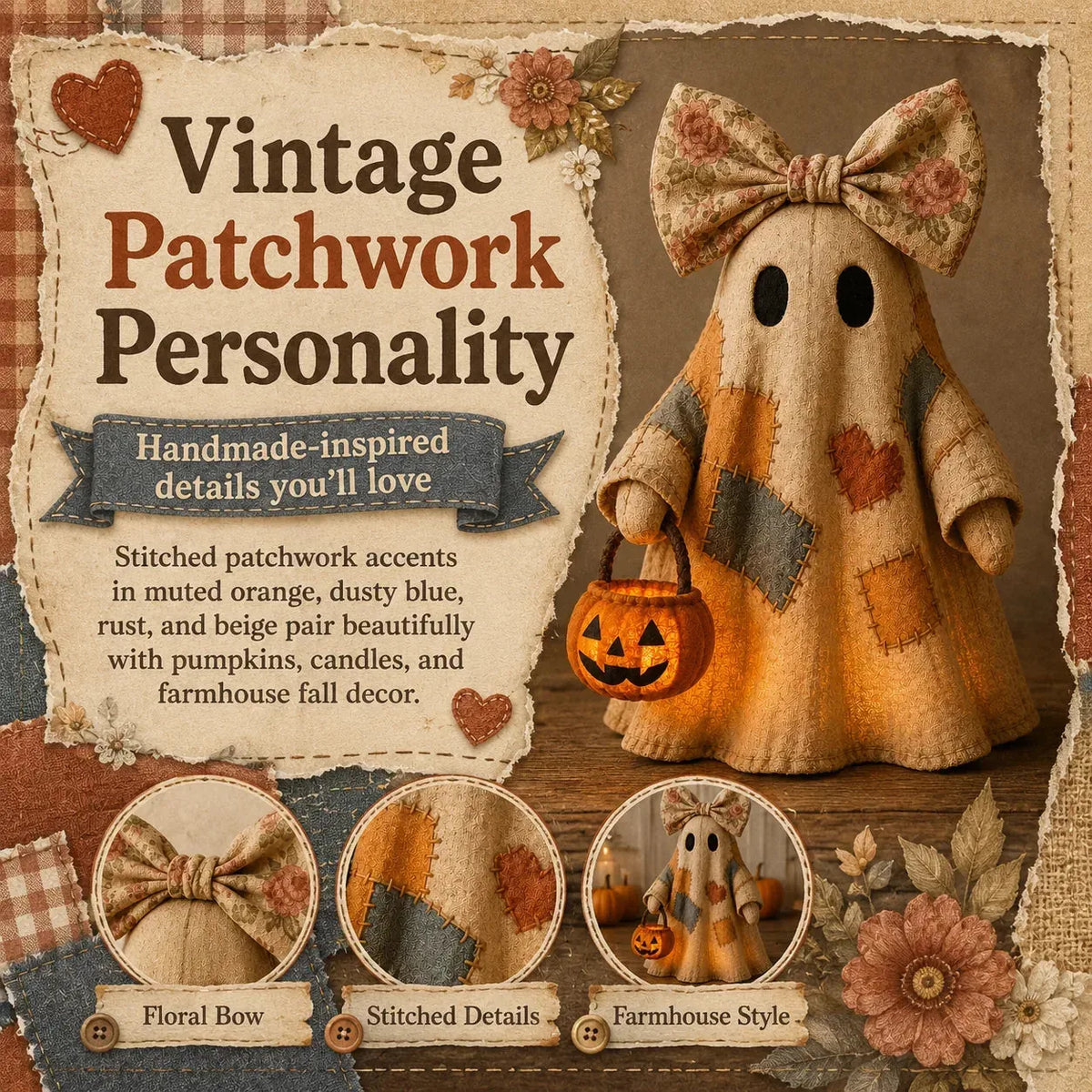 Vintage Patchwork Ghost Decor( LED Pumpkin Lantern）