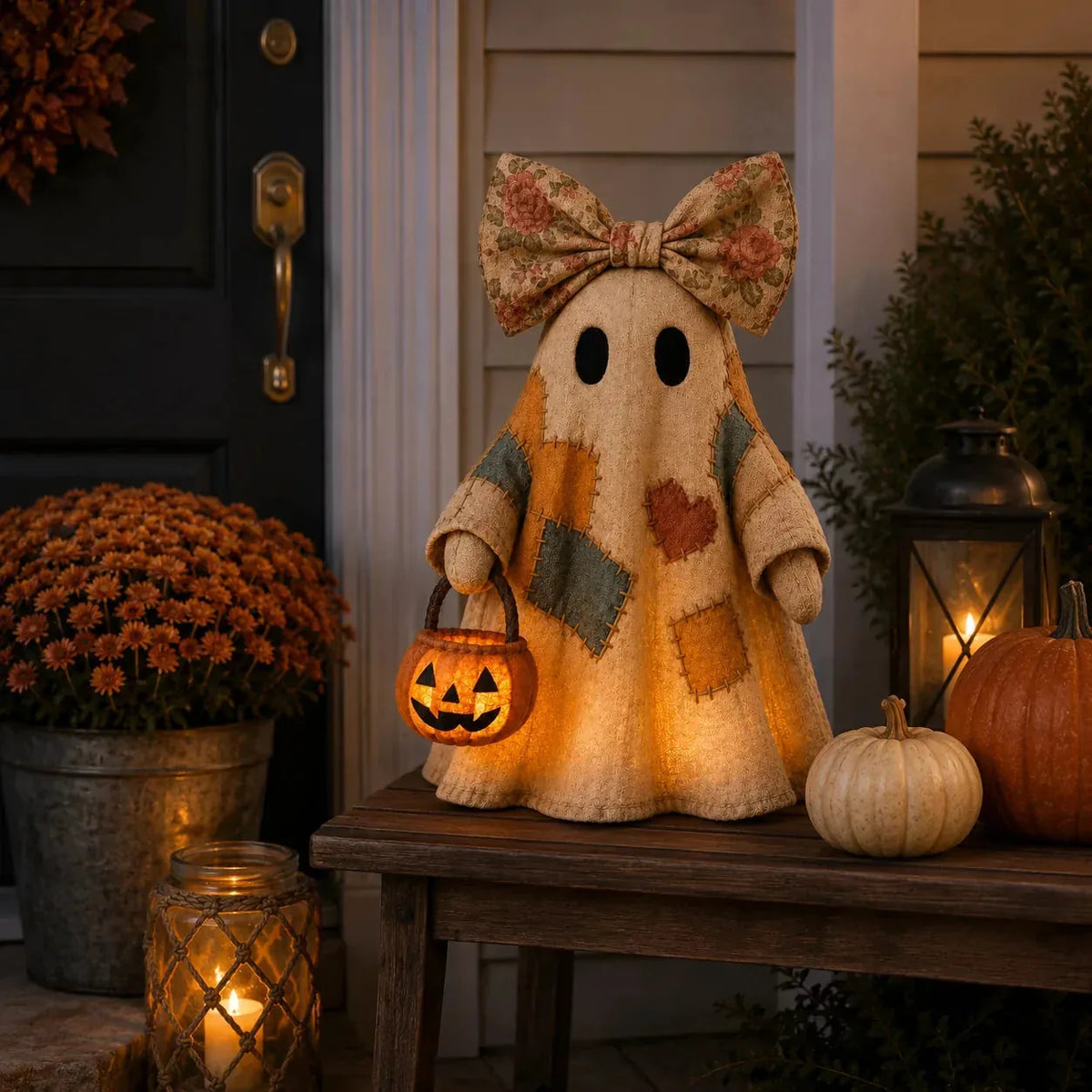 Vintage Patchwork Ghost Decor( LED Pumpkin Lantern）