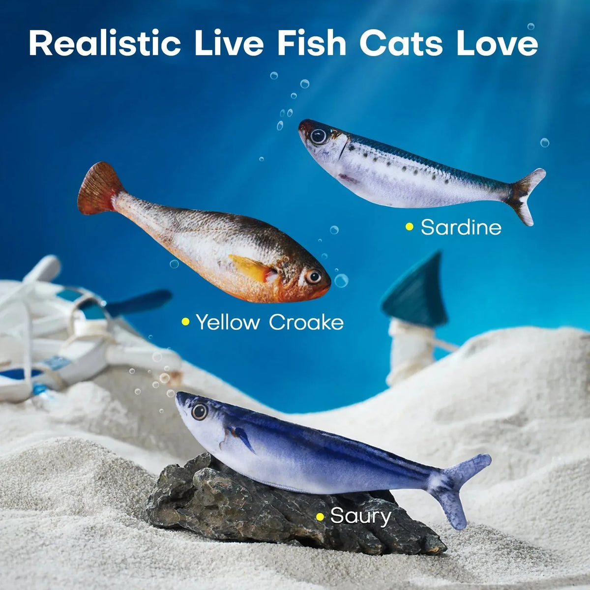 Potaroma Bite-Sized Realistic Flopping Fish Cat Toy, 3-Pack