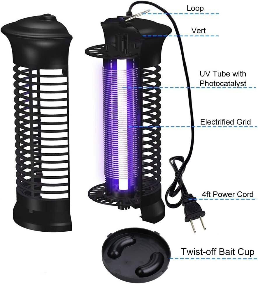 Electric bug zapper product structure showing UV light tube, electrified grid, power cord, hanging loop, and removable bottom cup