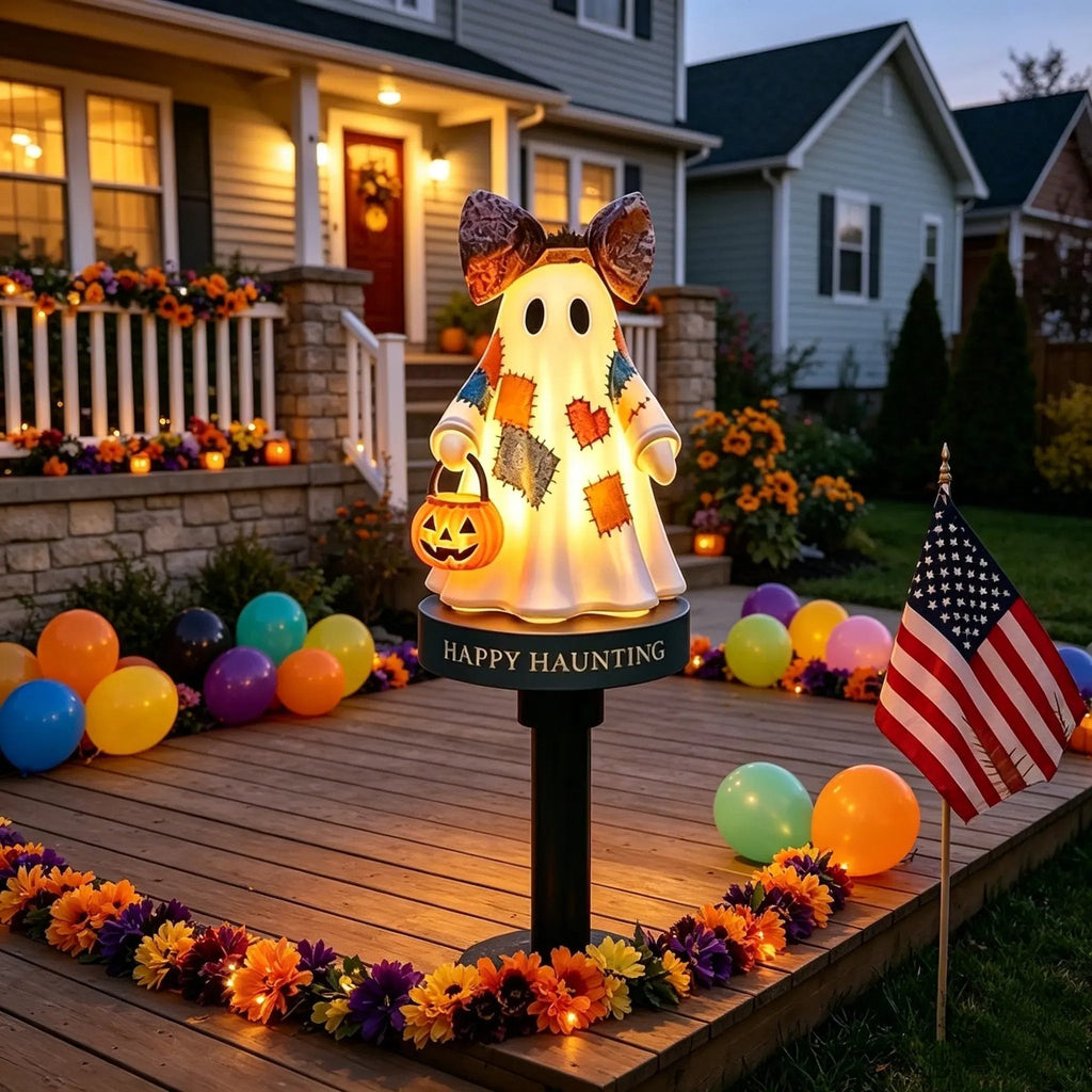 Lighted Vintage Patchwork Ghost Solar Garden Light for Halloween