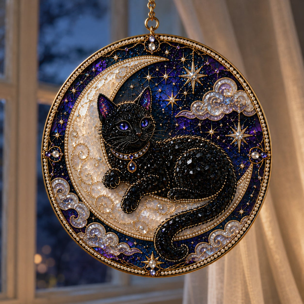 3D Pearl Celestial Black Cat Window Hanging Kit