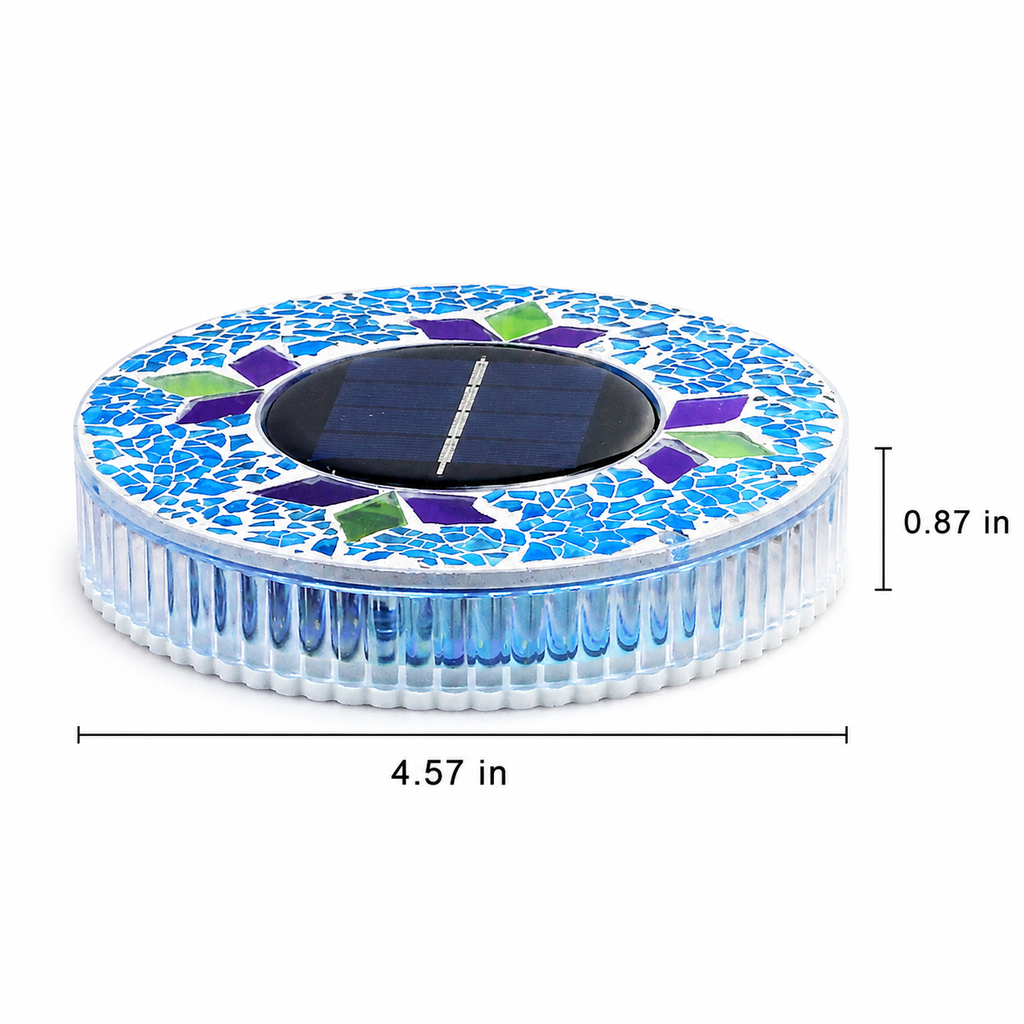 Solar mosaic ground light measuring 4.57 inches wide and 0.87 inches high
