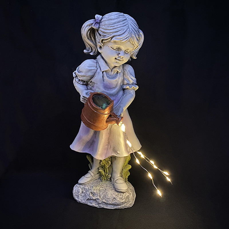 Resin Girl Garden Statue with Solar Watering Can Lights
