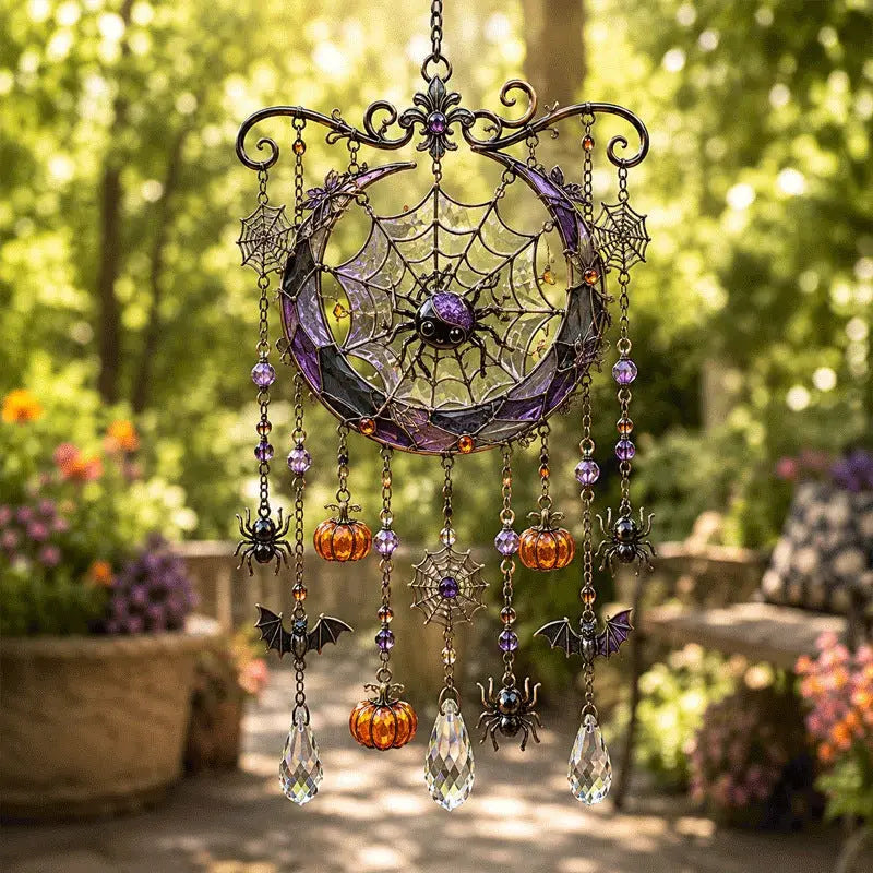 Halloween stained glass spiderweb moon wind chime hanging garden decor