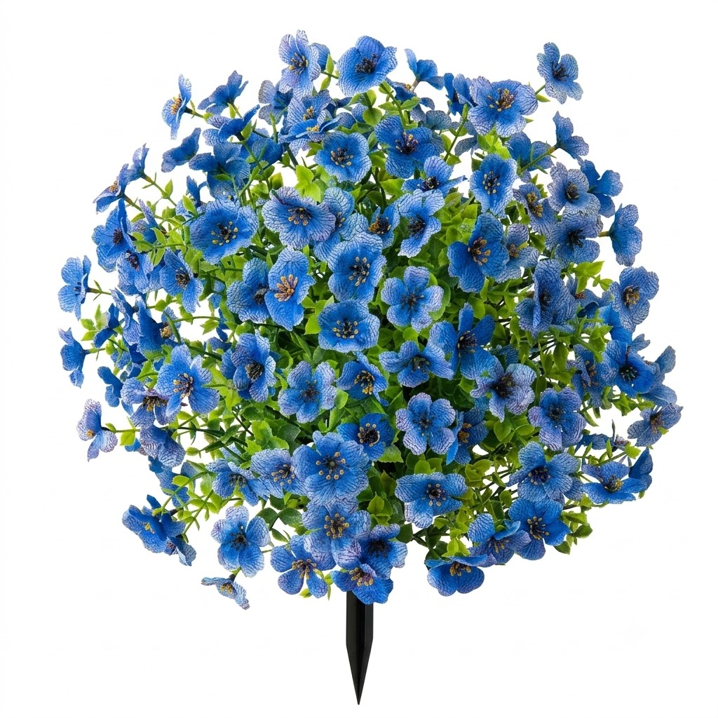 Blue artificial flower stake with dense blooms, green leaves and black ground stake