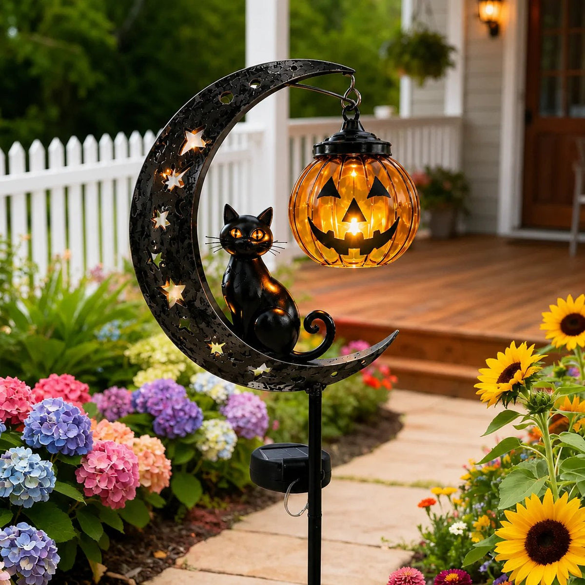 Solar Black Cat Pumpkin Moon Garden Stake Light for Halloween Yard Decor