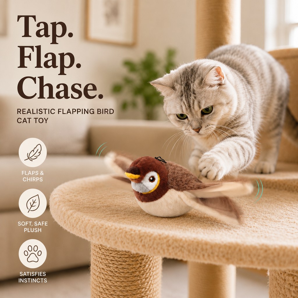 Maetiva Rechargeable Flapping Bird Cat Toy for Indoor Cats - Tap-Activated Plush Kicker Toy for Boredom Relief & Hunting Instinct Play