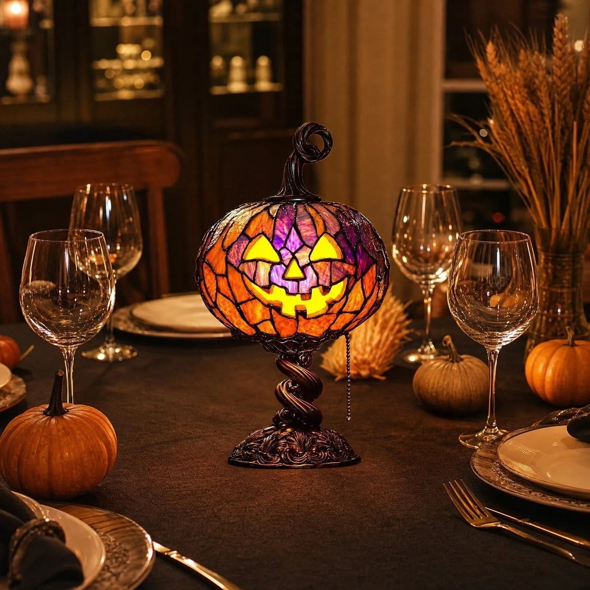Halloween Stained Glass Pumpkin Table Lamp USB Rechargeable