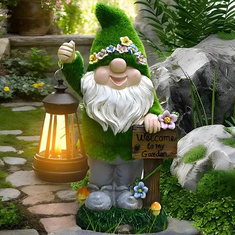 Solar Garden Gnome Statue with Lantern Outdoor Solar Powered Garden Decor