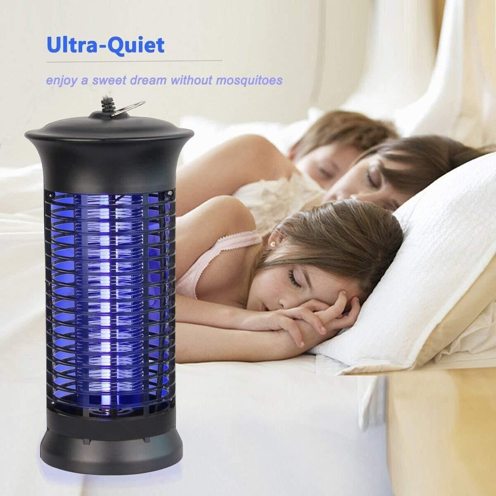 Electric UV bug zapper shown in a bedroom nighttime setting near sleeping people