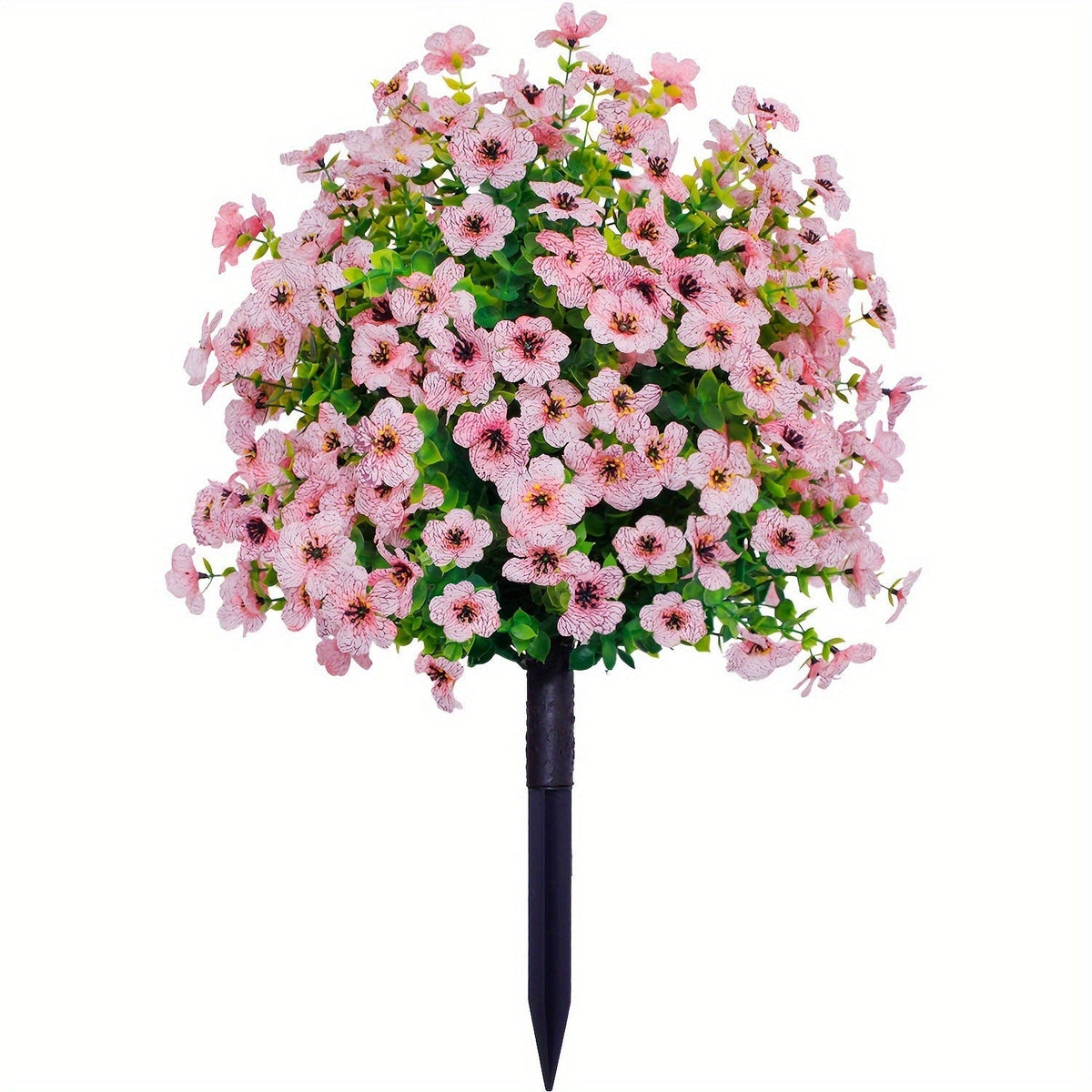 Pink artificial flower stake with dense blooms and black ground stake