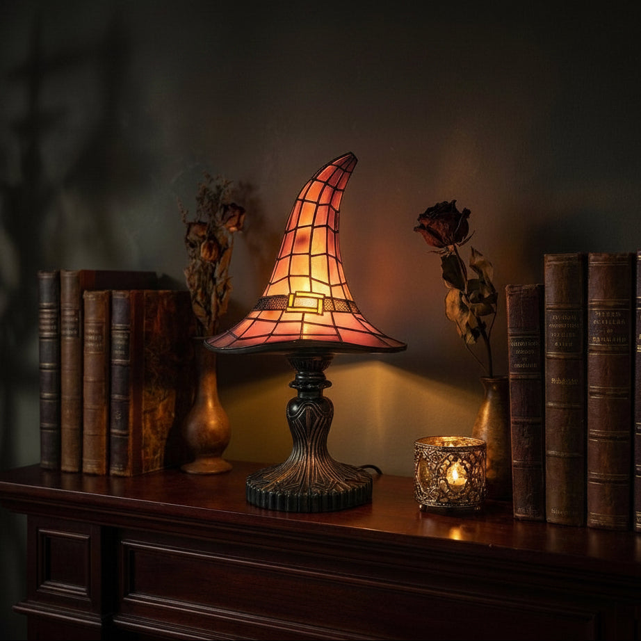 Halloween Gothic Witch Hat Table Lamp Stained Glass Ambient Night Light