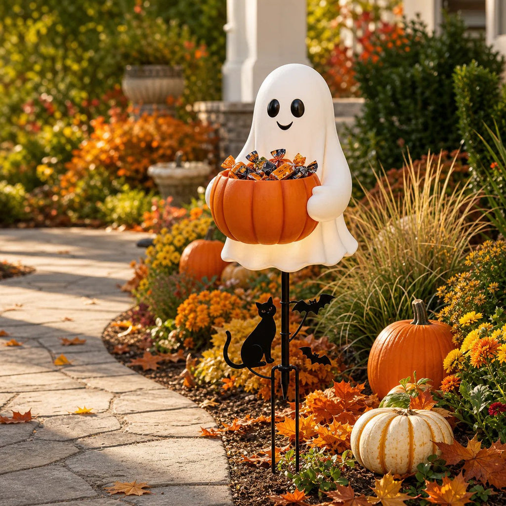 Solar Halloween Ghost Candy Bowl Garden Stake for Yard & Porch Decor