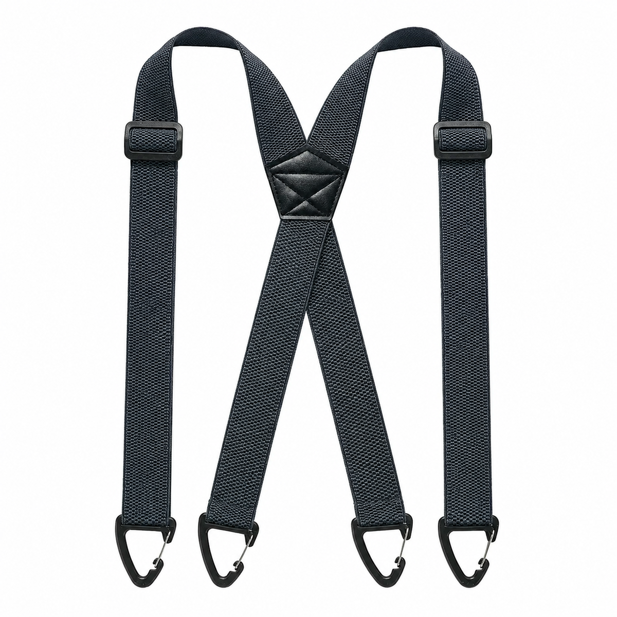 Black adjustable X-back hook suspenders for men shown on a white background