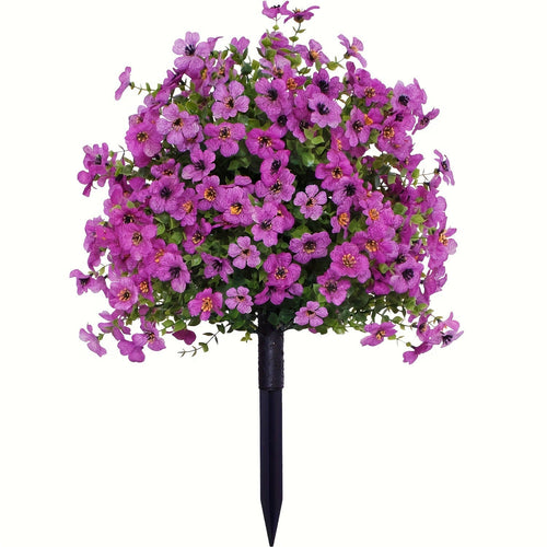 Purple artificial flower stake with dense blooms and black ground stake