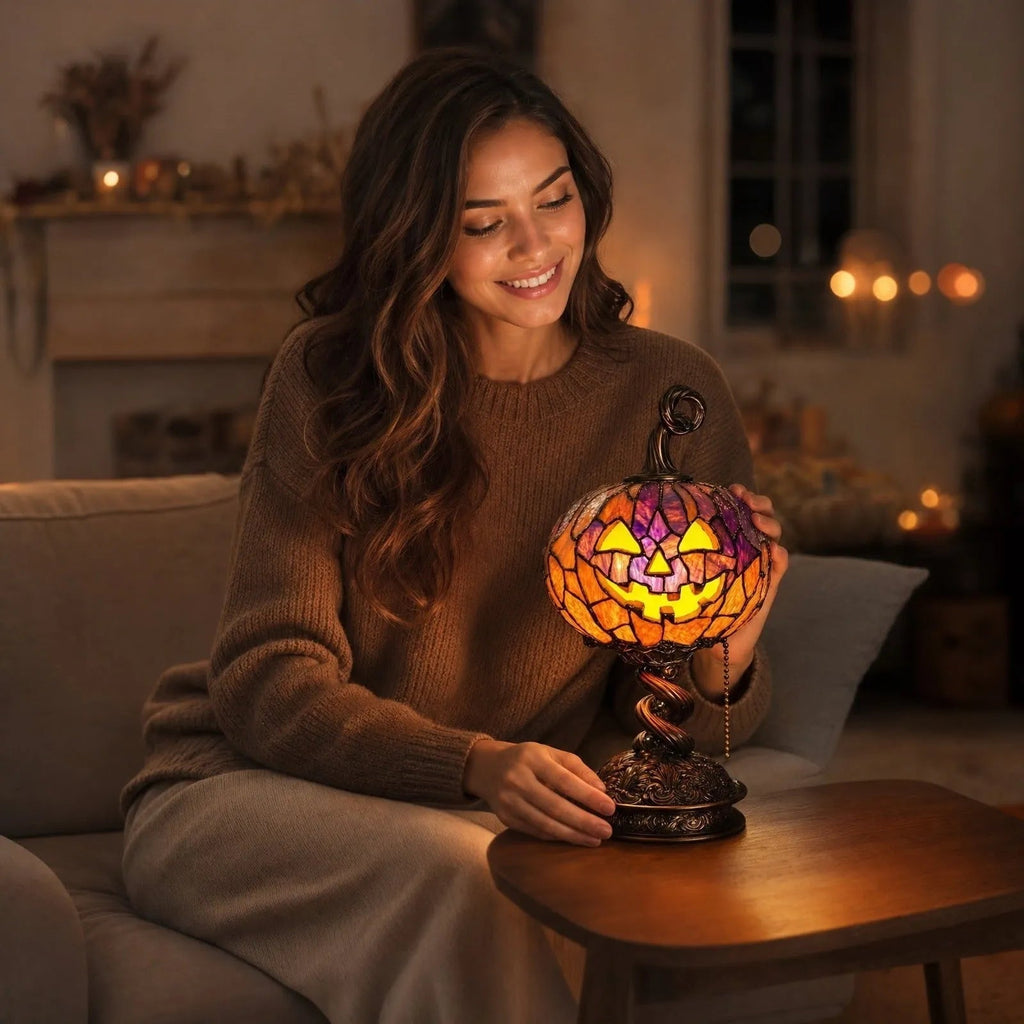 Halloween Stained Glass Pumpkin Table Lamp USB Rechargeable