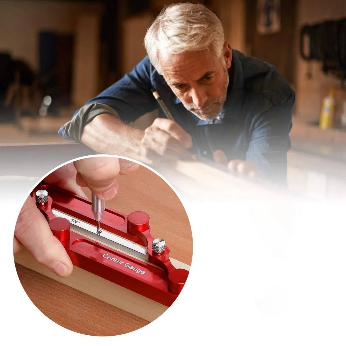 Center marking gauge set with interchangeable measuring bars for woodworking layout and hole positioning