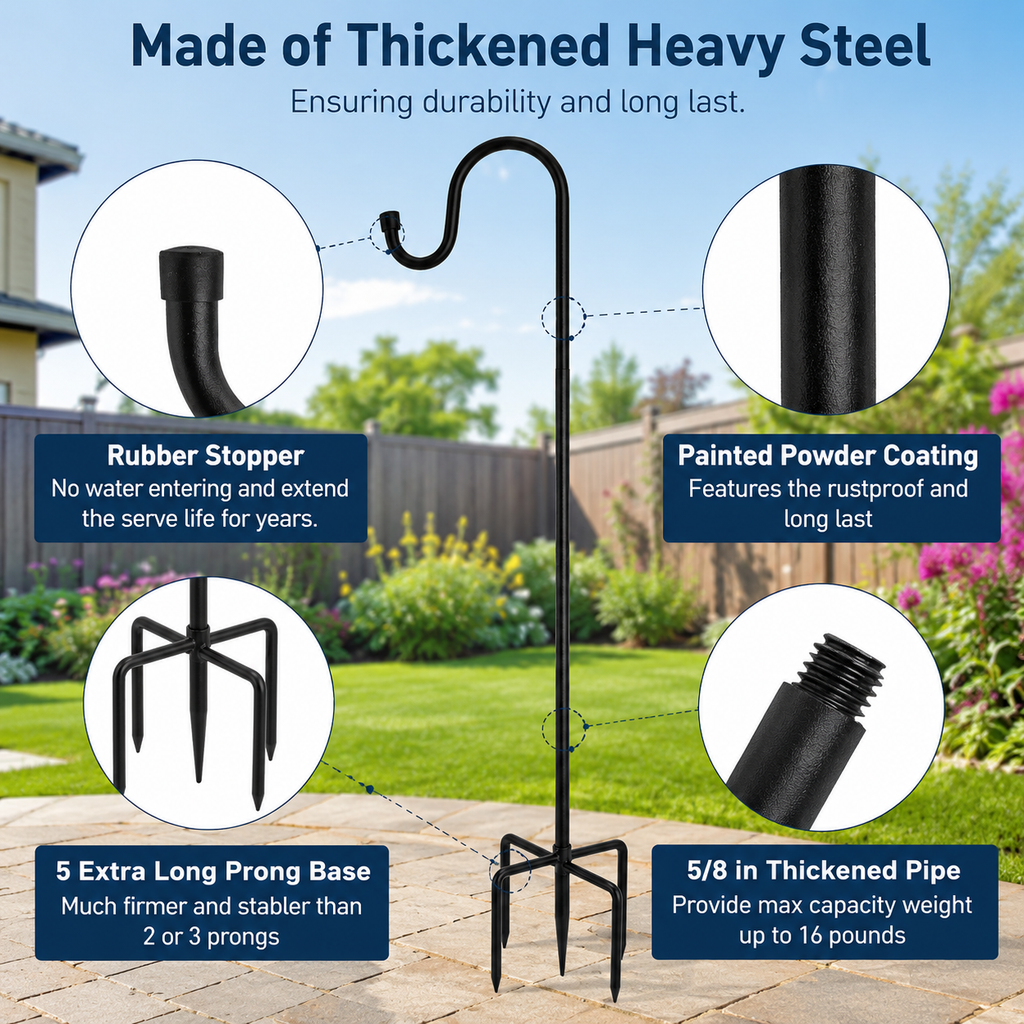 Heavy Duty Bird Feeder Pole with Adjustable Shepherd Hook