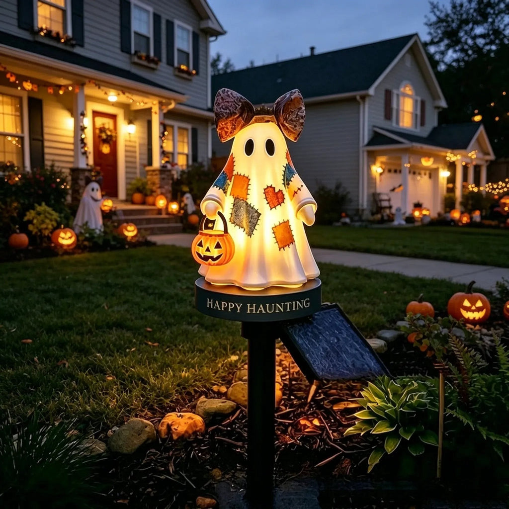 Lighted Vintage Patchwork Ghost Solar Garden Light for Halloween