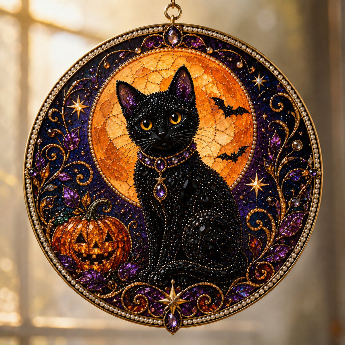 3D Pearl Celestial Black Cat Window Hanging Kit