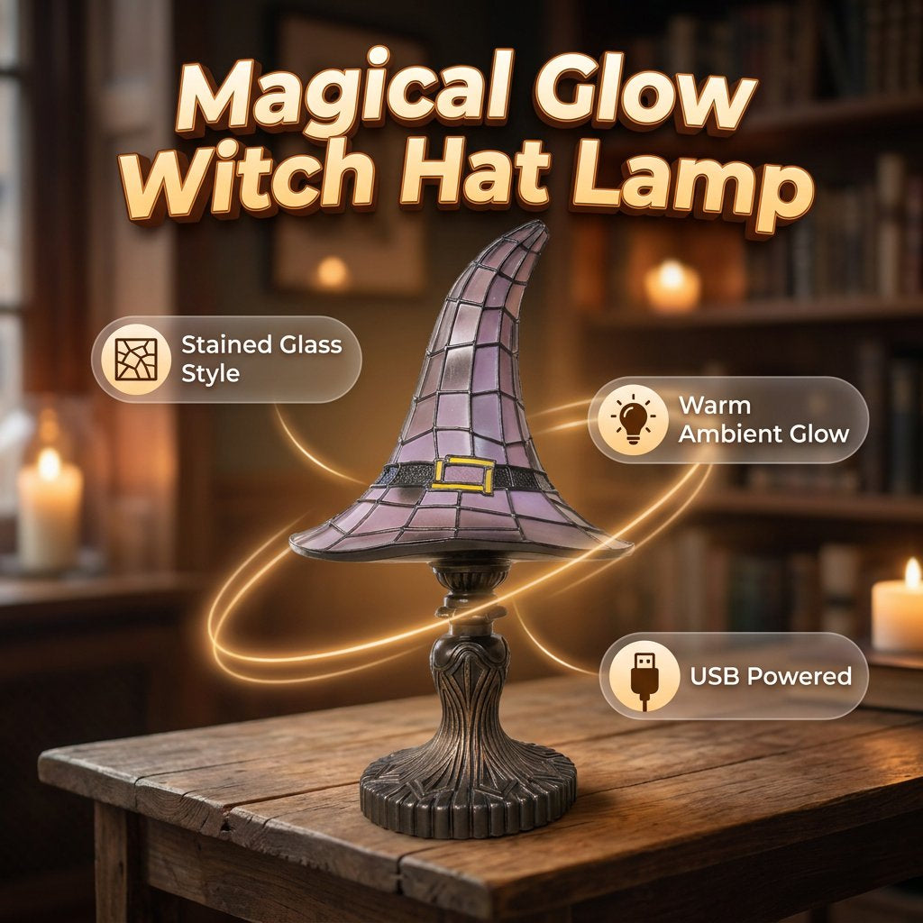 Halloween Gothic Witch Hat Table Lamp Stained Glass Ambient Night Light