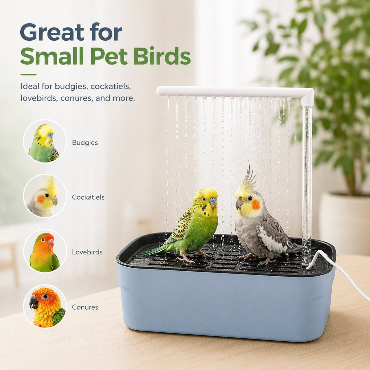 Automatic Bird Bath Fountain with Rain Shower and Anti-Slip Perch