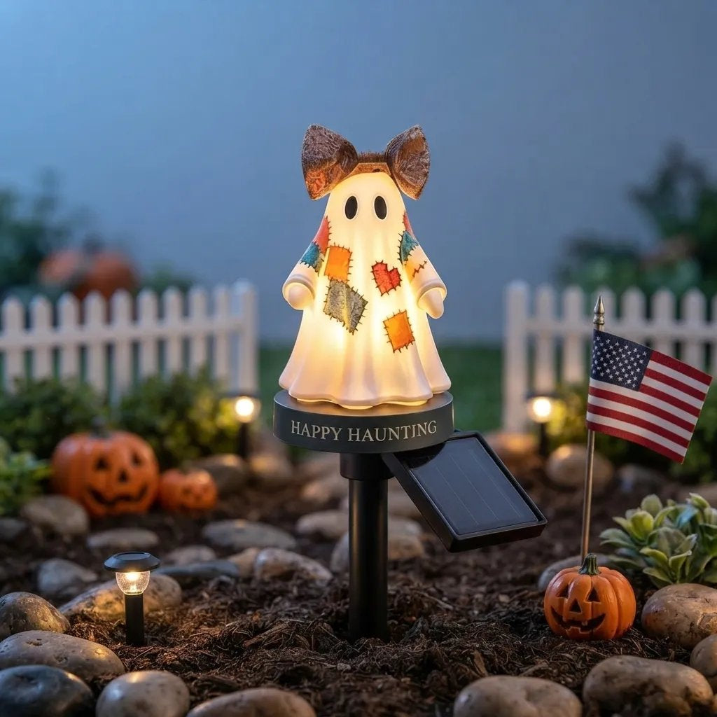 Lighted Vintage Patchwork Ghost Solar Garden Light for Halloween