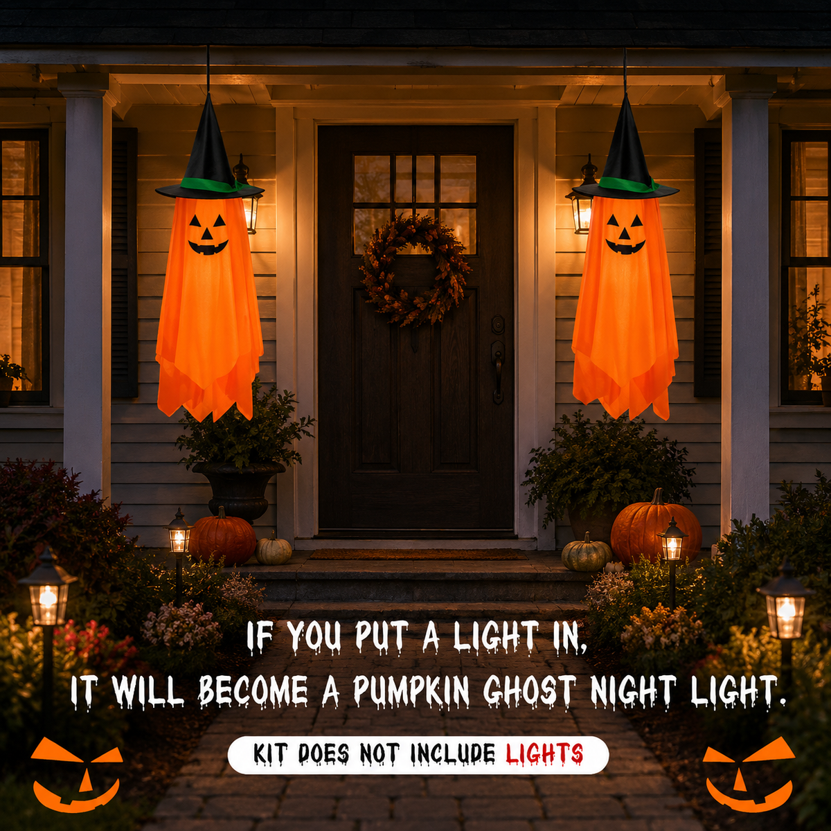 2-Pack Outdoor Halloween Pumpkin Ghost Hanging Decorations for Porch & Yard
