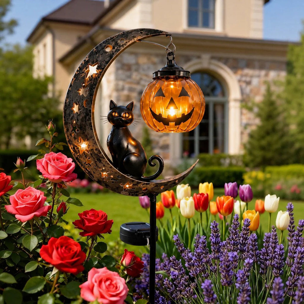 Solar Black Cat Pumpkin Moon Garden Stake Light for Halloween Yard Decor