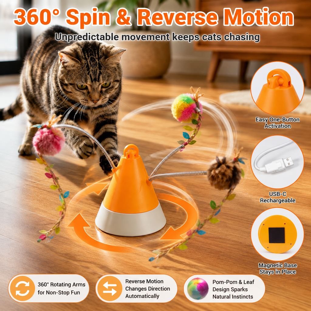 Maetiva MiaSpin 360 Magnetic Rotating Cat Teaser Toy for Indoor Cats - USB-C Hands-Free Play to Beat Boredom