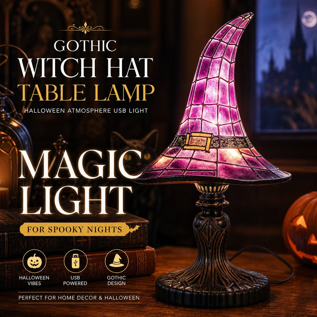 Halloween Gothic Witch Hat Table Lamp Stained Glass Ambient Night Light