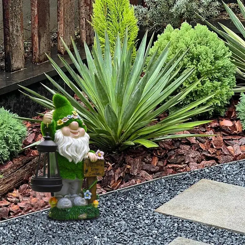 Solar Garden Gnome Statue with Lantern Outdoor Solar Powered Garden Decor