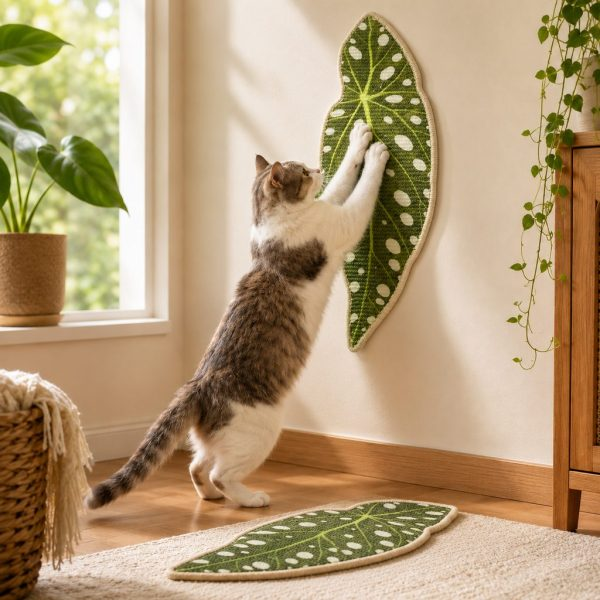 Botanical sisal cat scratcher mat in a spotted begonia leaf shape being scratched on a wall.