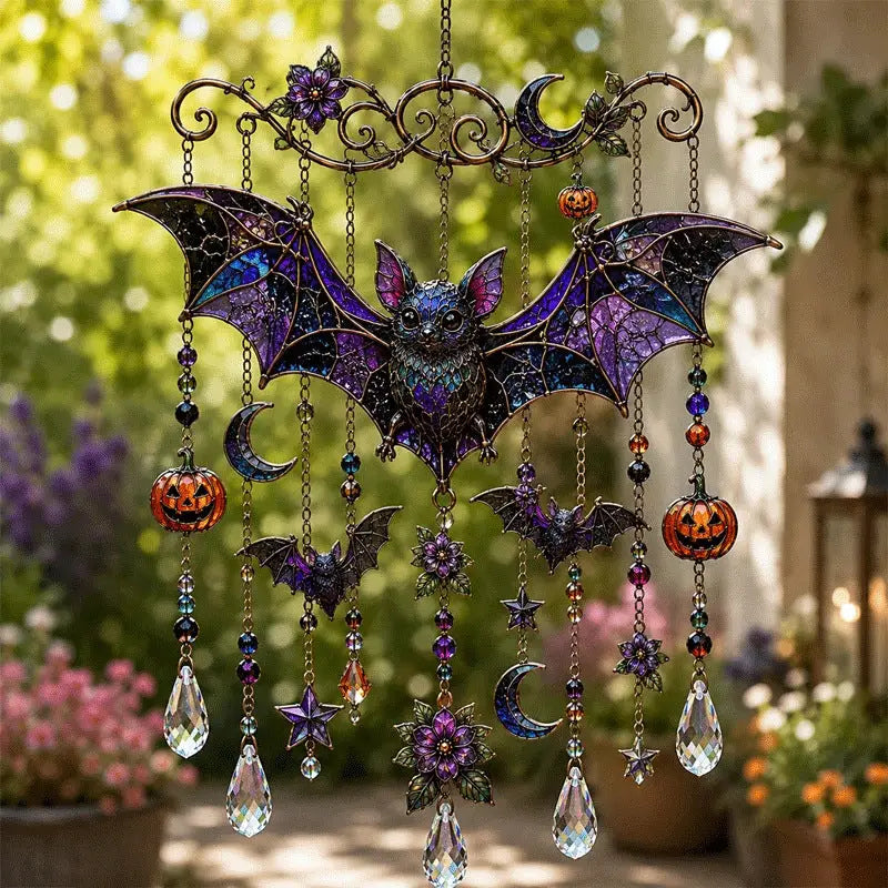 Halloween stained glass giant bat wind chime hanging garden decor