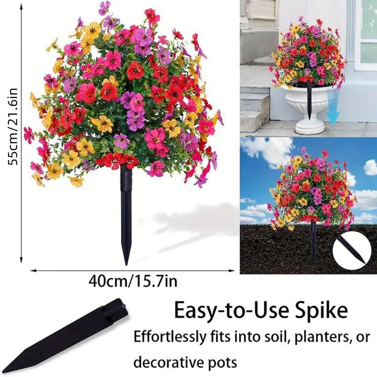 Artificial flower stake measuring 21.6 inches tall and 15.7 inches wide with easy-to-use ground spike