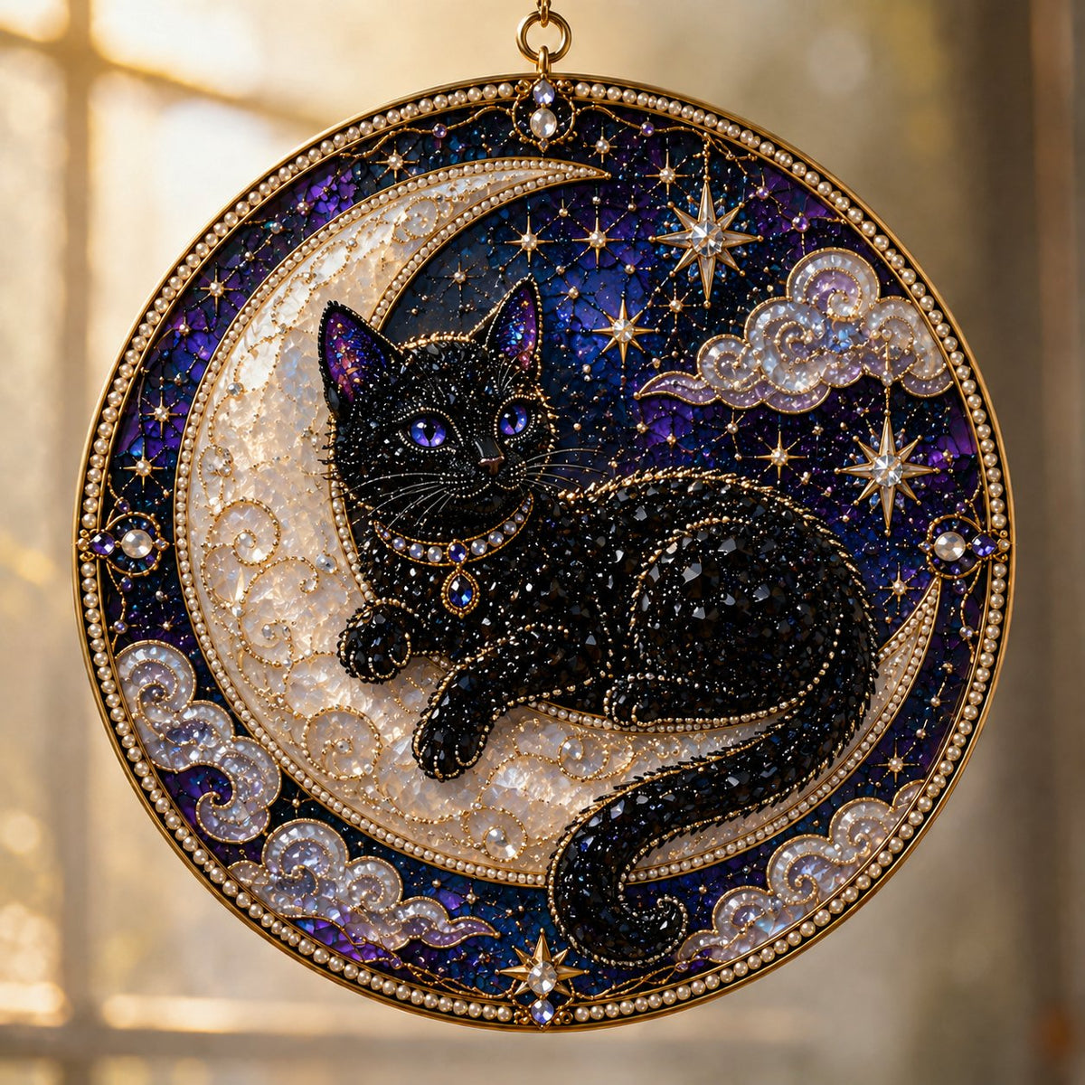 3D Pearl Celestial Black Cat Window Hanging Kit