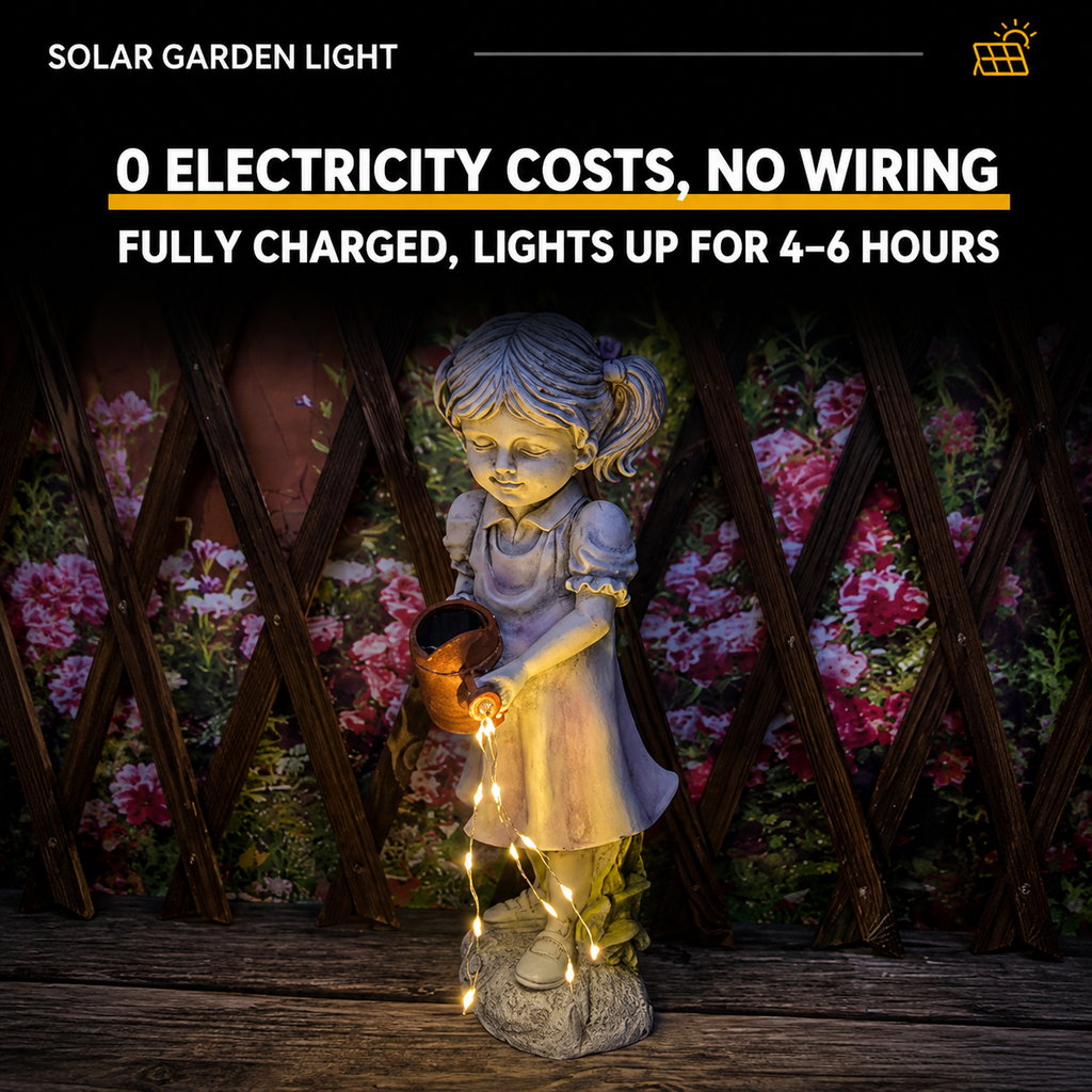 Resin Girl Garden Statue with Solar Watering Can Lights