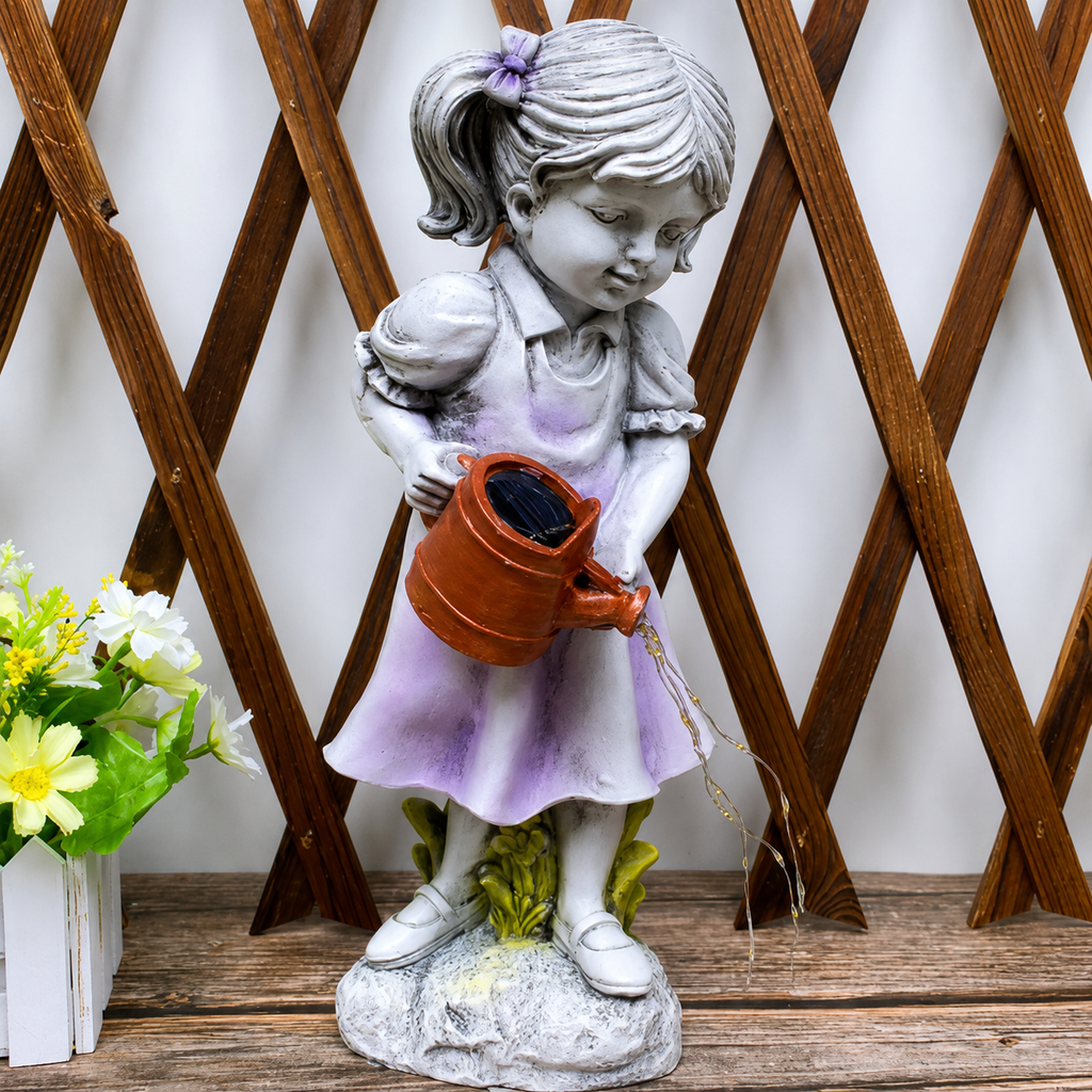 Resin Girl Garden Statue with Solar Watering Can Lights