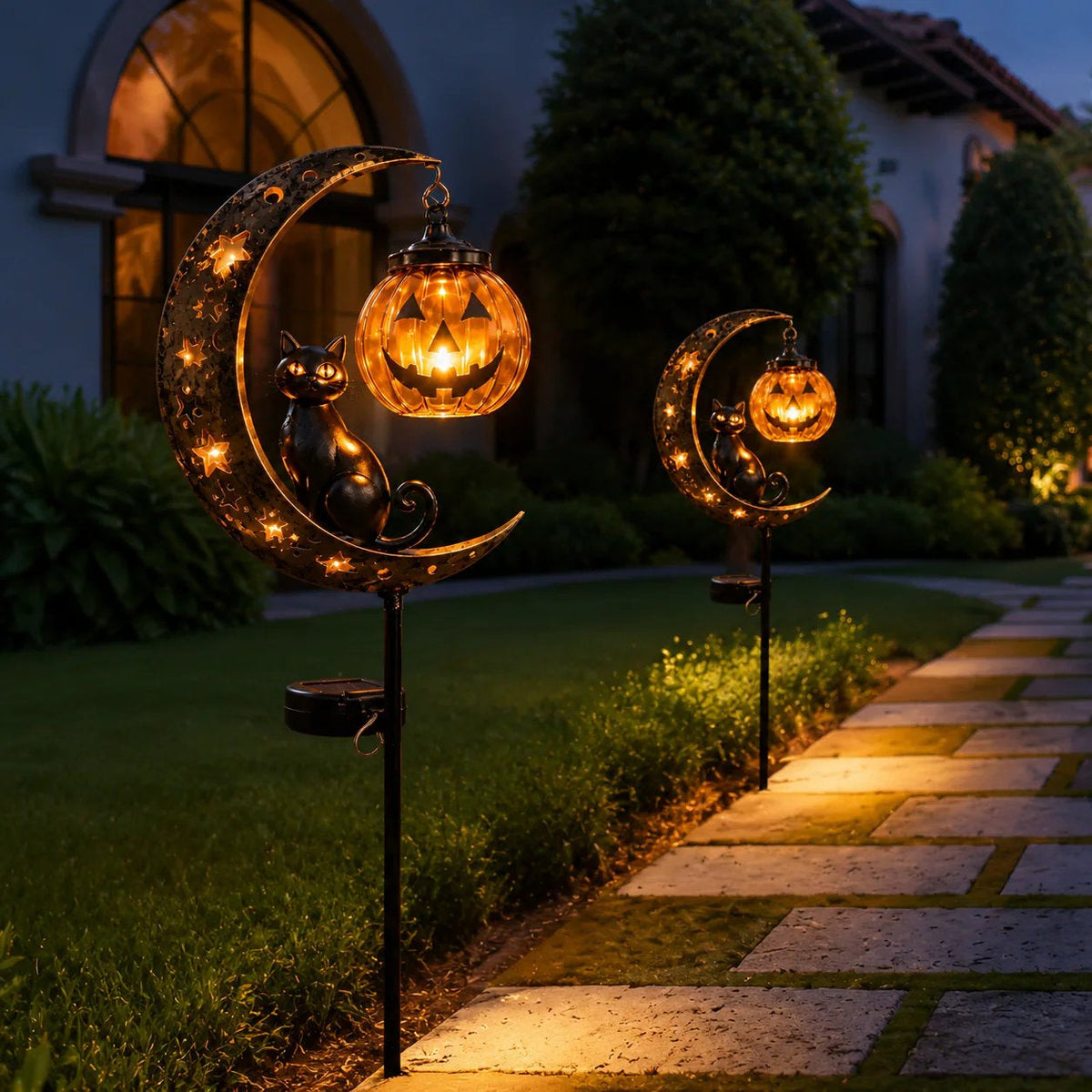 Solar Black Cat Pumpkin Moon Garden Stake Light for Halloween Yard Decor