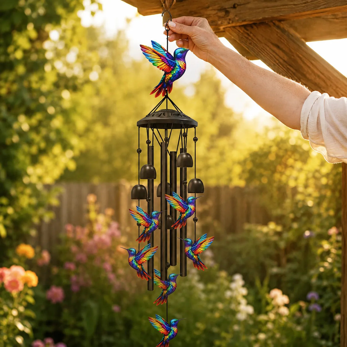 Rainbow Hummingbird Wind Chime, Colorful Aluminum Hanging Decor for Garden, Patio & Porch