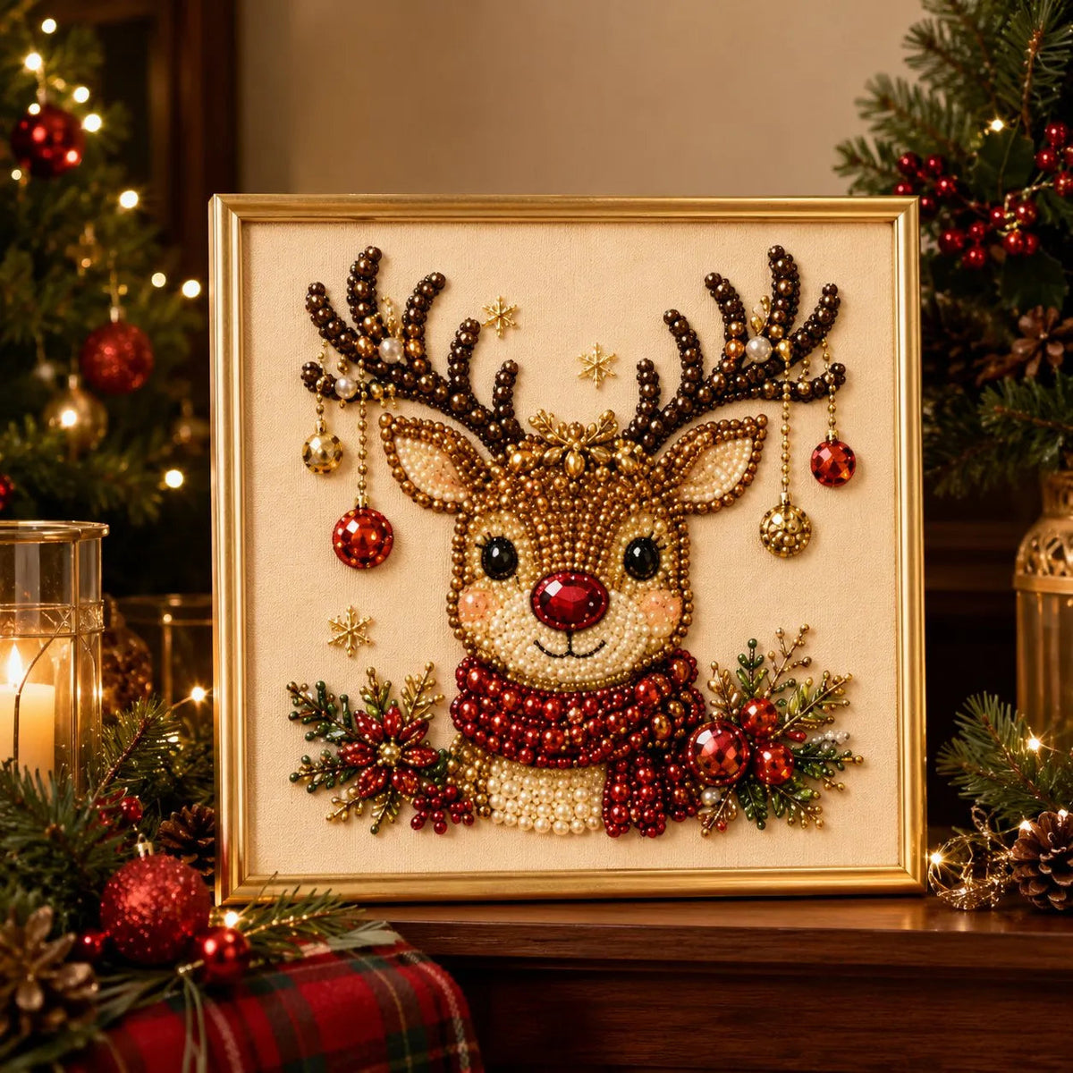 Framed Christmas reindeer pearl art with 3D beads for holiday home decor
