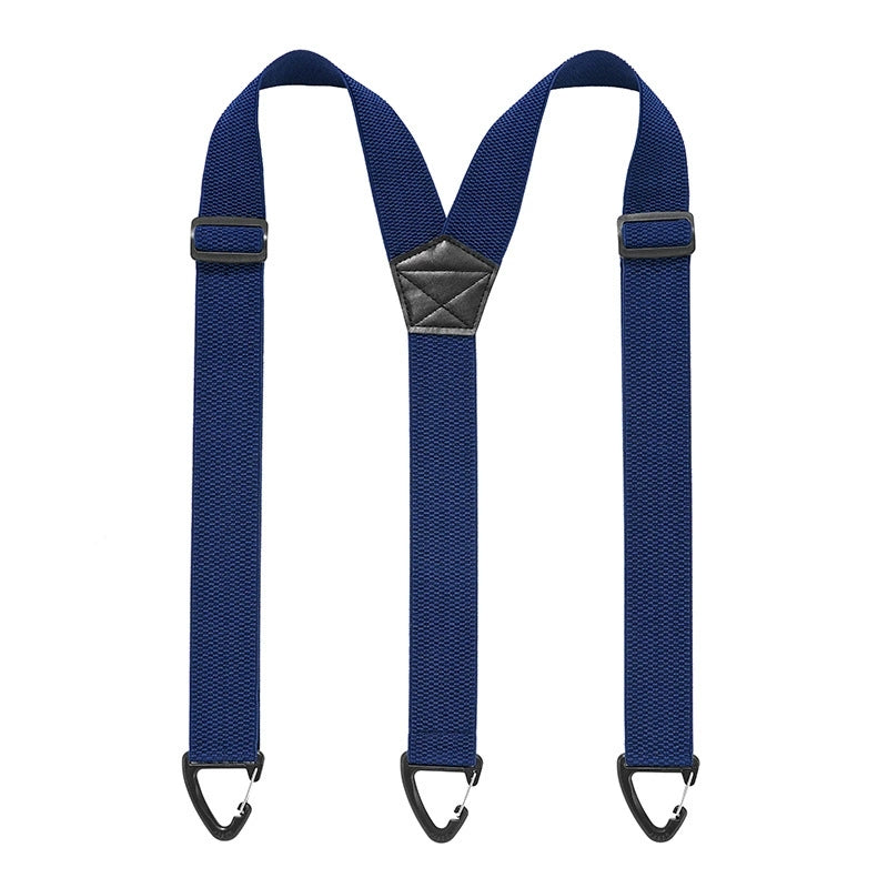 Navy blue Y-back men's belt loop suspenders with adjustable straps and hook attachments