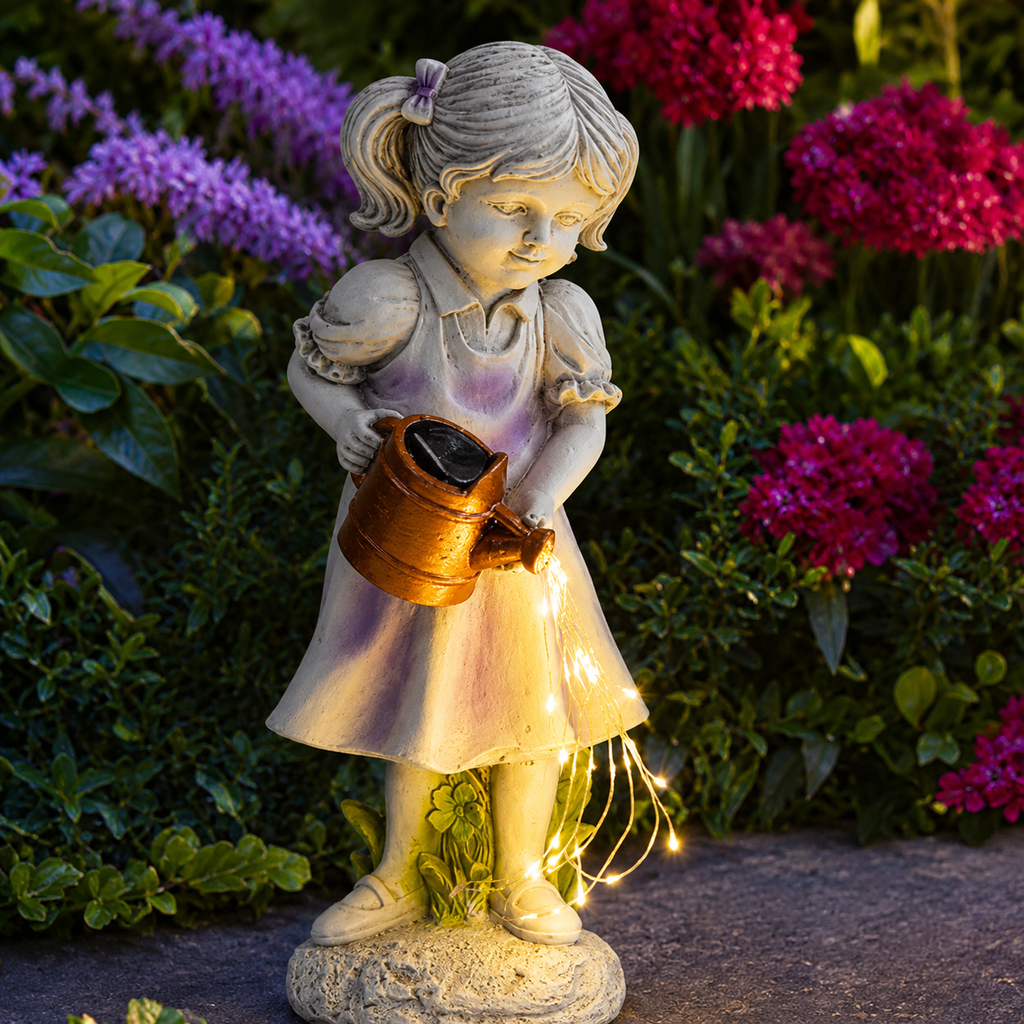 Resin Girl Garden Statue with Solar Watering Can Lights