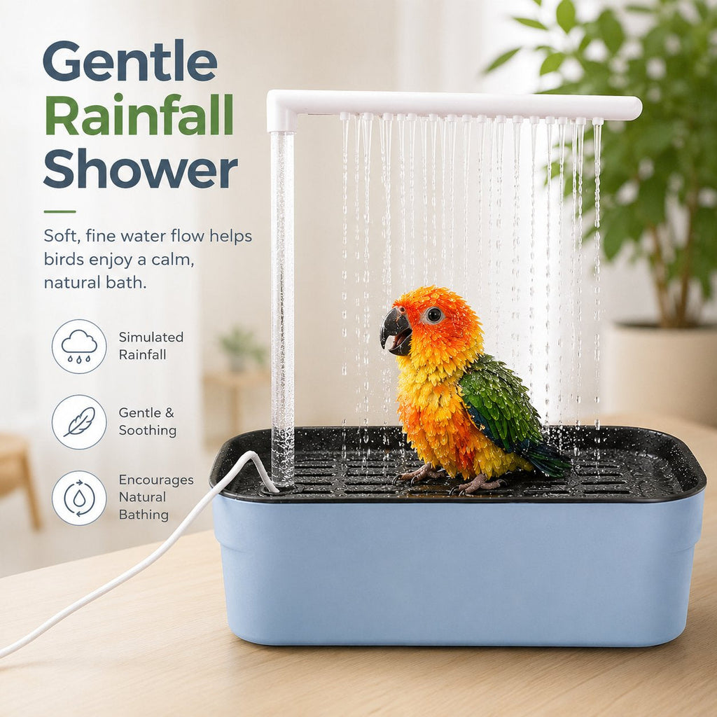 Automatic Bird Bath Fountain with Rain Shower and Anti-Slip Perch