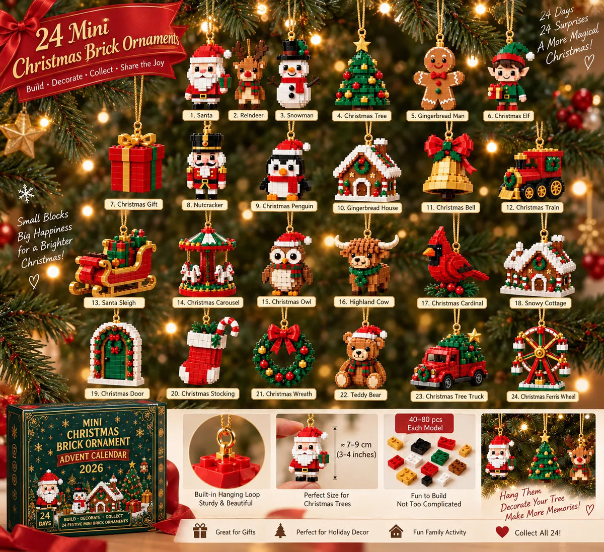 Build & Hang Christmas Countdown – 24 Mini Holiday Brick Ornaments